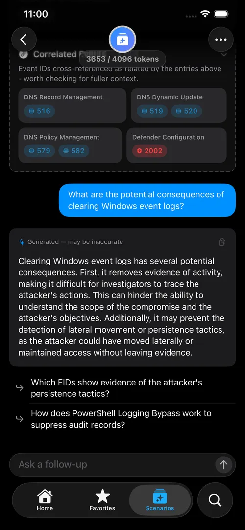 A follow-up question prompt inside Scenarios, asking the user a clarifying detail to refine the EID suggestions.