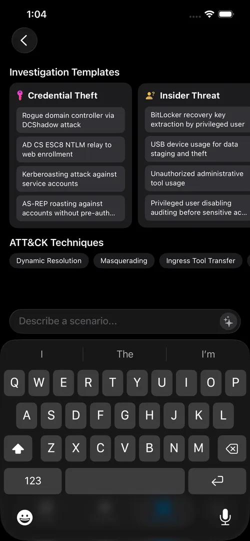 The Scenarios picker, listing example incident scenarios the on-device AI can match against.