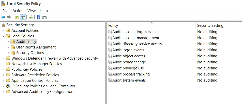 Local Security Policy auditing policies