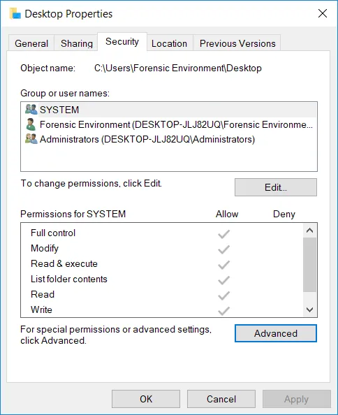 Desktop Properties Security tab