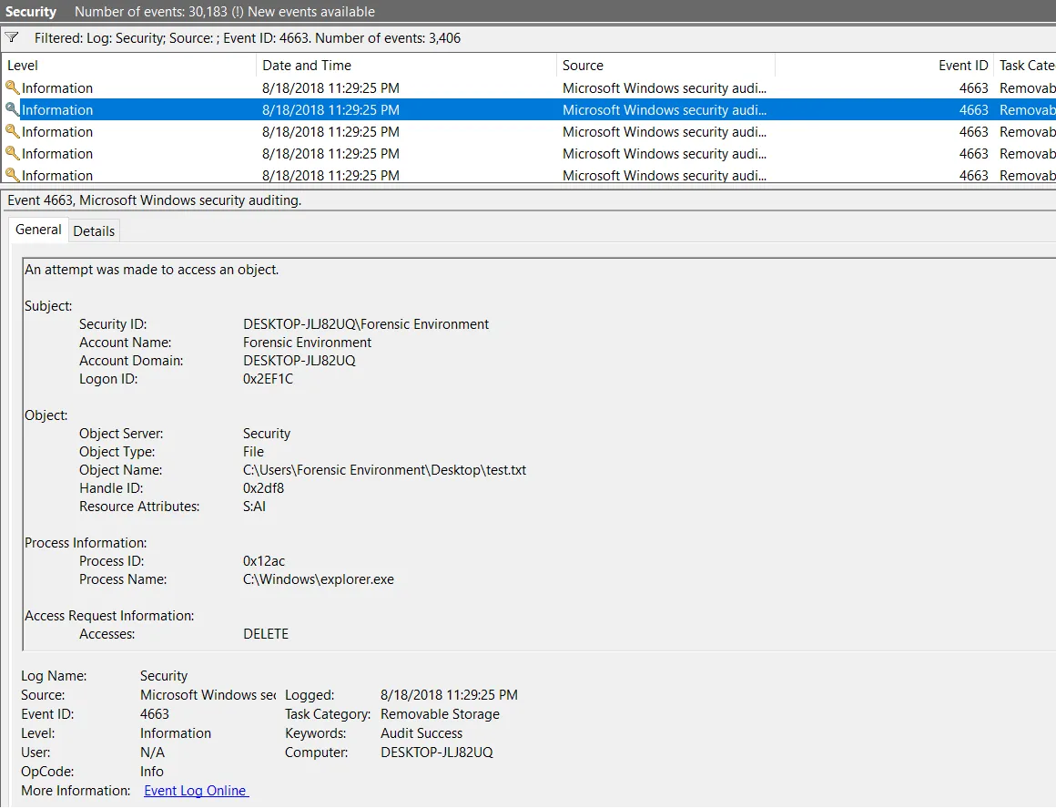Event ID 4663 entry showing test.txt deletion