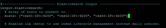 Elasticsearch section of filebeat.yml with placeholder ES IPs