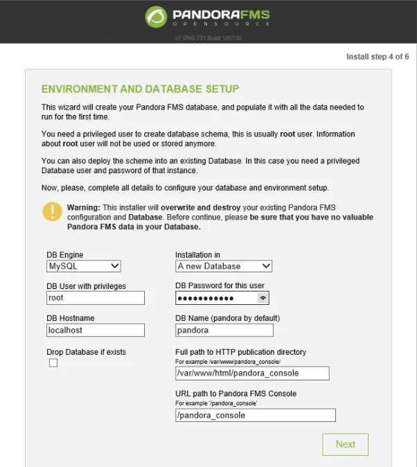 Entering the MariaDB root password in the Pandora Console web installer