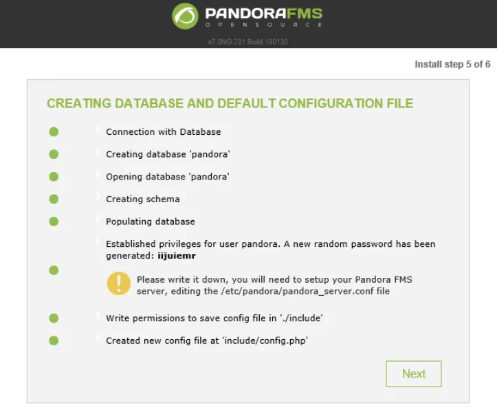 Pandora Console install showing the randomly generated password
